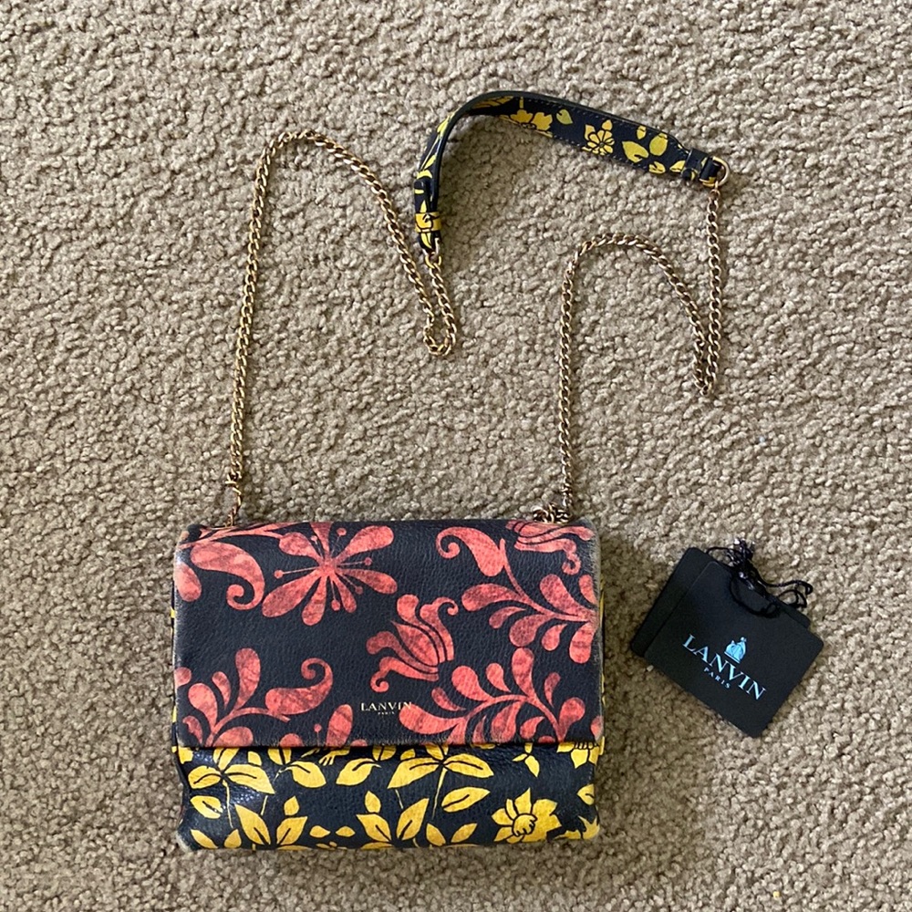 Lanvin Floral Crossbody Bag with Gold Chain Strap